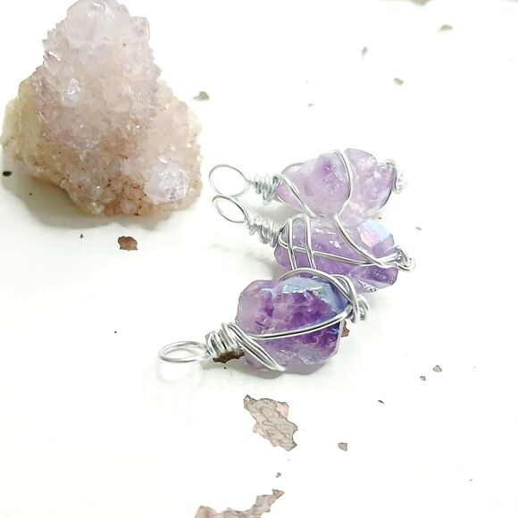 Small Aura Amethyst Crystal Pendant Charm, Jewelry Making DIY, 1 PC - Picture 2 of 3